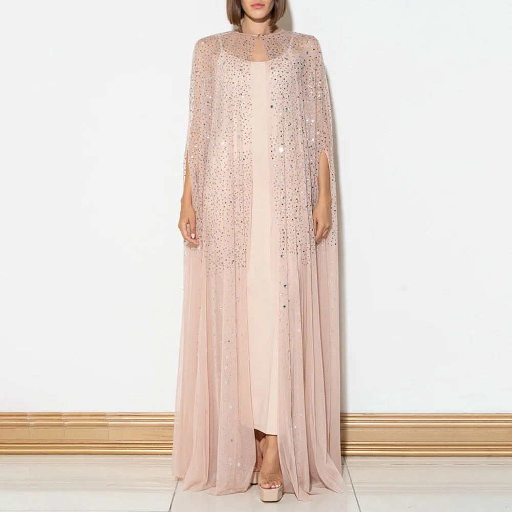 VGH Casual Spliced Sequins Long Dress For Women Round Neck Cloak Sleeves High Waist Patchwork Mesh Loose Dresses Female Fashion