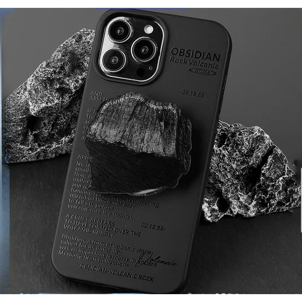 

Volcanic Rock Pattern Design Phone Case Ins Style Full Cover Magnetic Bracket Black Degradable for iPhone15/16 Series Cover Hold