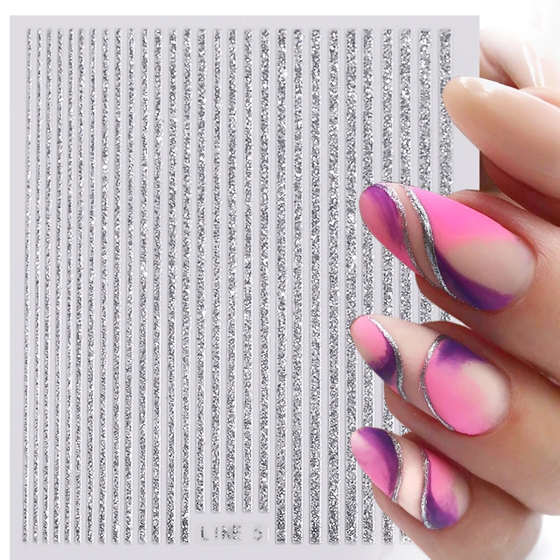 3D Lines Nail Stickers Silver Rose Gold Metal Stripe Letters Decals Curve Gel Nails Art Sliders Manicure Decor