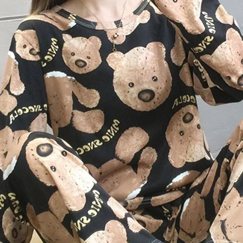 Long-Sleeved Pyjamas Female Autumn and Winter Korean Version of the Large Size Ladies Home Wear Cute Cartoon Bear Pajamas Set