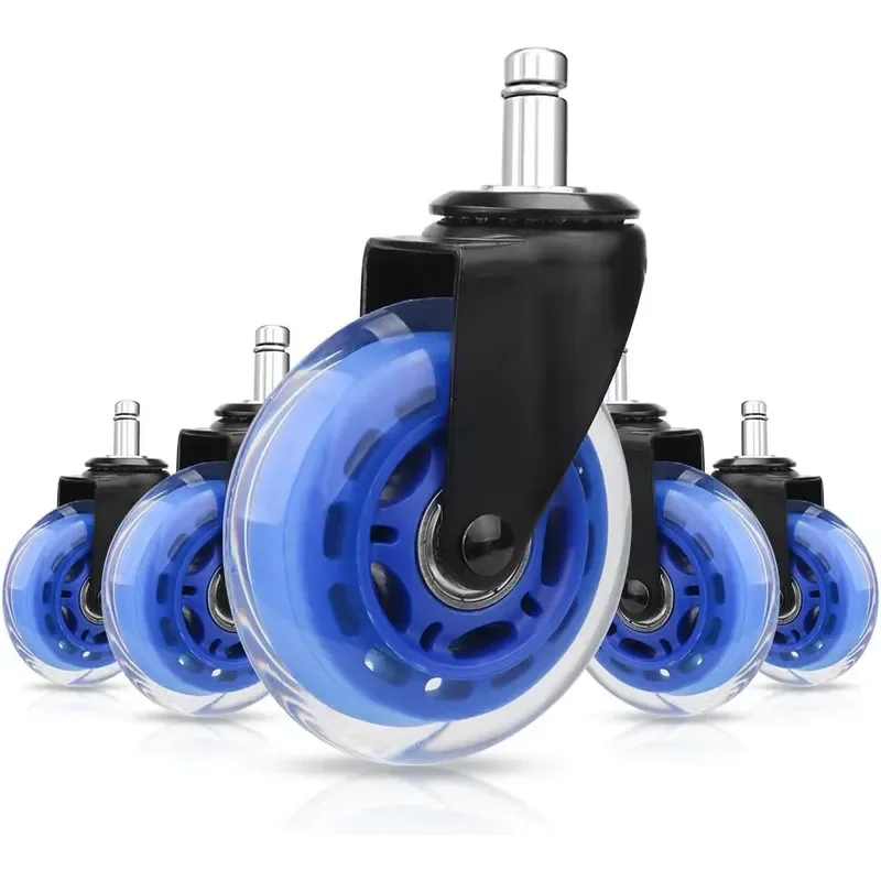 5 Pack 3 Inch Blue PU Translucent Casters for Office Chair Swivel Furniture Wheels Heavy Duty Replacement Roller Set Silent