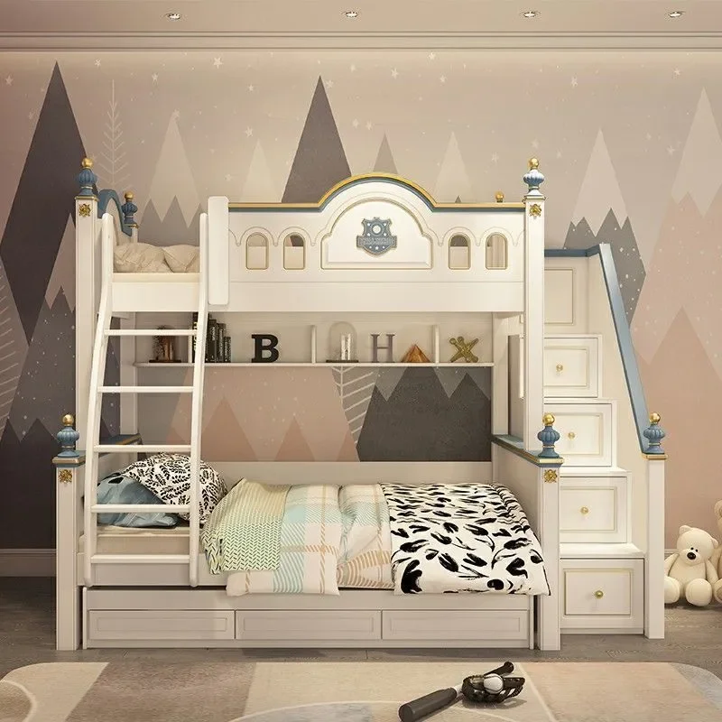 for American Aristocratic Style Two Layer Wooden Bunk Bed for Boys Light Luxury High Low Bed Mother and Child Furniture