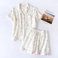 2025 Summer Ladies Short-sleeved Shorts Pajamas Set 100% Cotton Crepe Cloth Thin Home Service Two-piece Spring And Autumn Loose - Image 3
