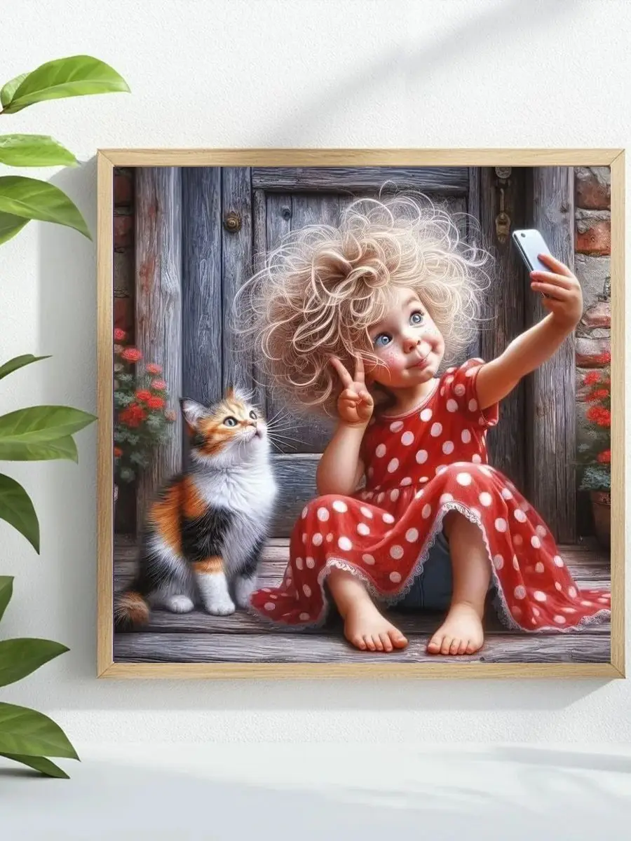 1 Stück 40x40 cm/15,74 Zoll „Das kleine Mädchen und der Hund beim Fotografieren“ Kreuzstich-Set DIY-Set 11CT/14CT Wanddekoration als Geschenk – Detail 1