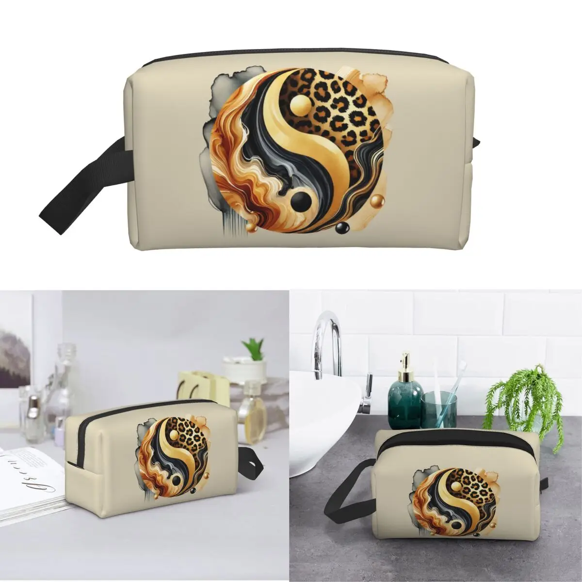 Leopard Yin Yang Luxury Gold Marble Balance Design Makeup Bag Cosmetic Storage Dopp Kit Toiletry Cosmetic Bag for Women Beauty
