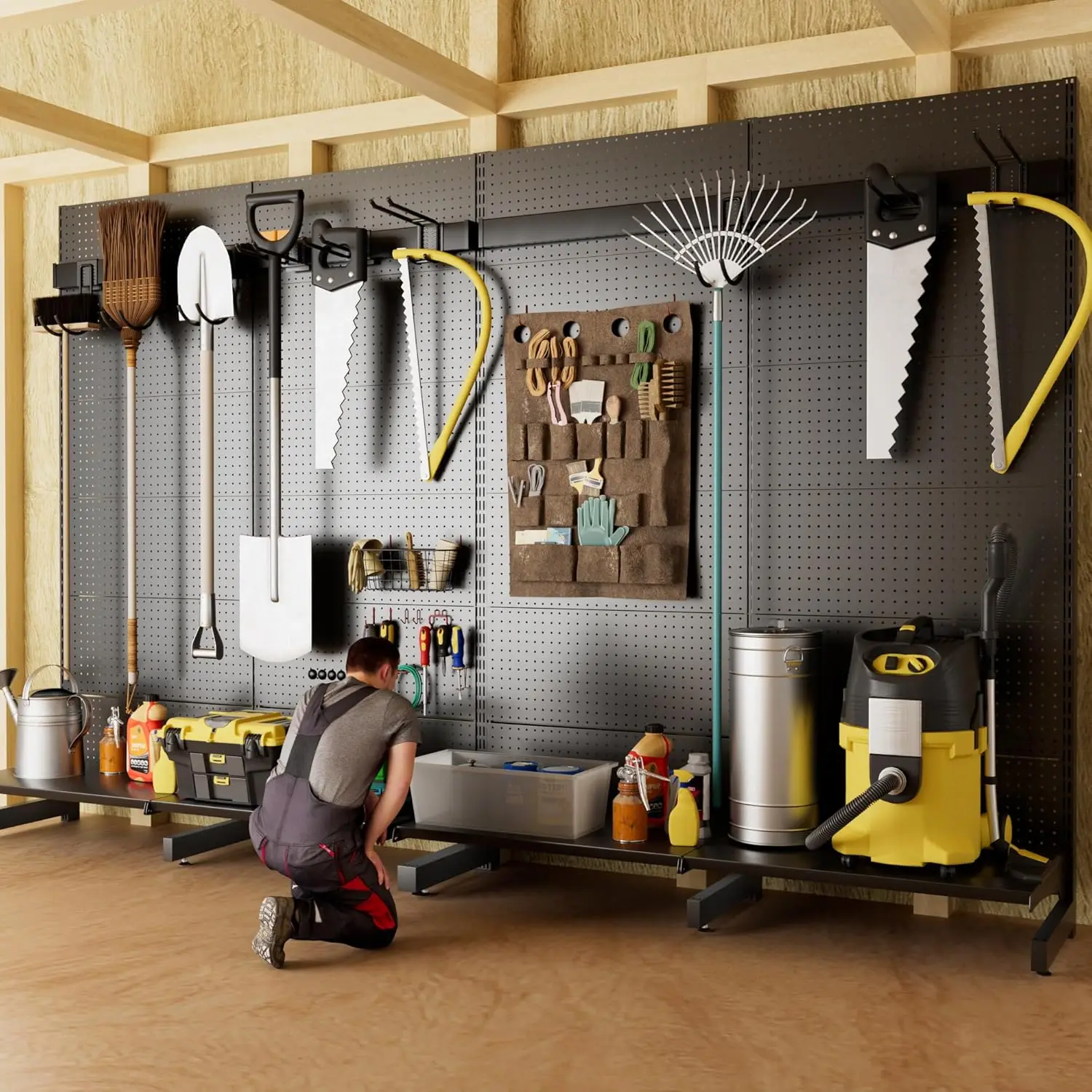 Garage Pegboard Tool Organizer Free Standing, Organizer Storage Rack With 21 Pegboard Storage Set Max 300 Lbs Super Heavy