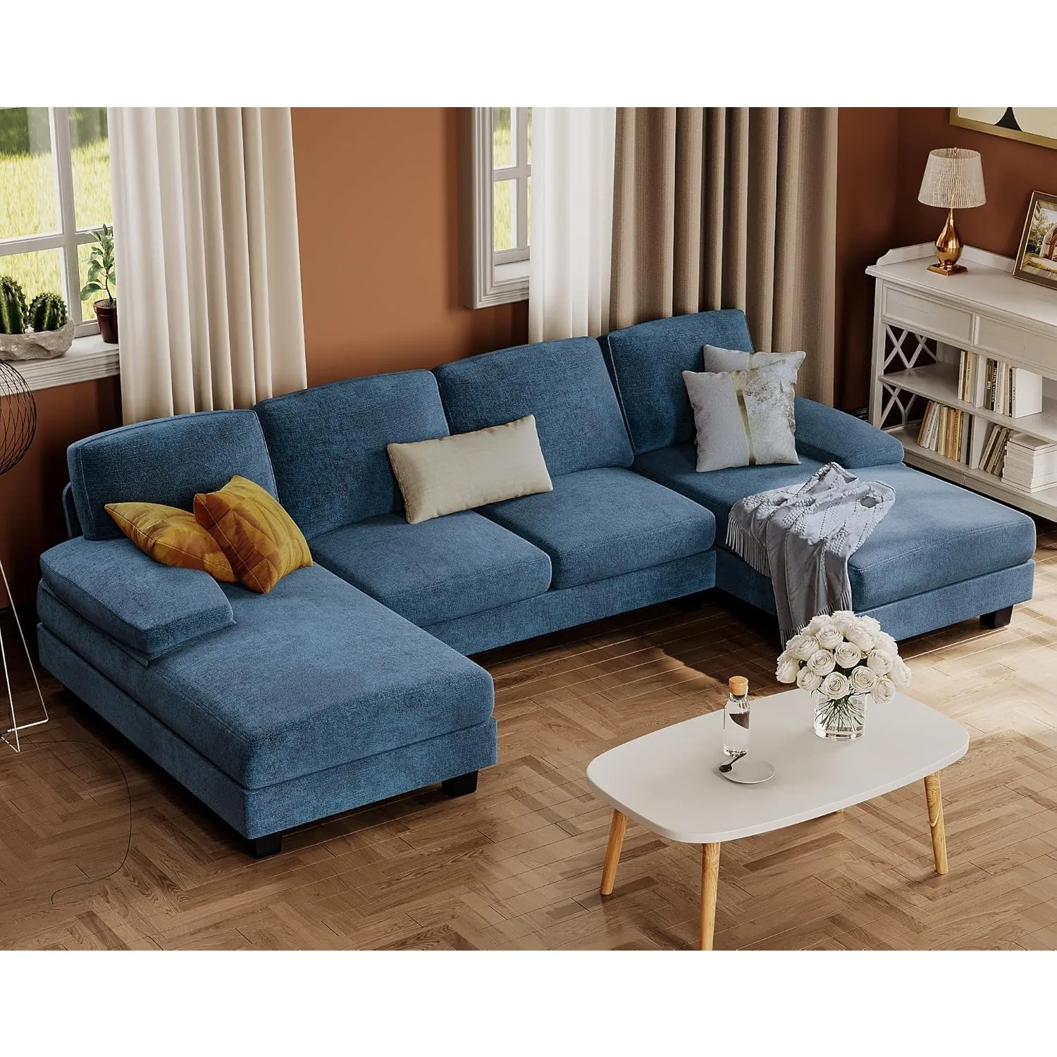 Sofás seccionales para sala de estar, sofá en forma de U con tela de lino, juego de sofá de 4 asientos con doble Chaise para apartamento (tela, azul)