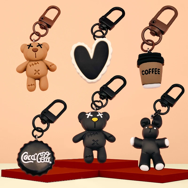 6.3cm/2.48in Cool Black Bear Key Chain Coffee Cup Bottle Cap Rabbit Pendant Car Key Ring Backpack Charms Bag Decor Accessories