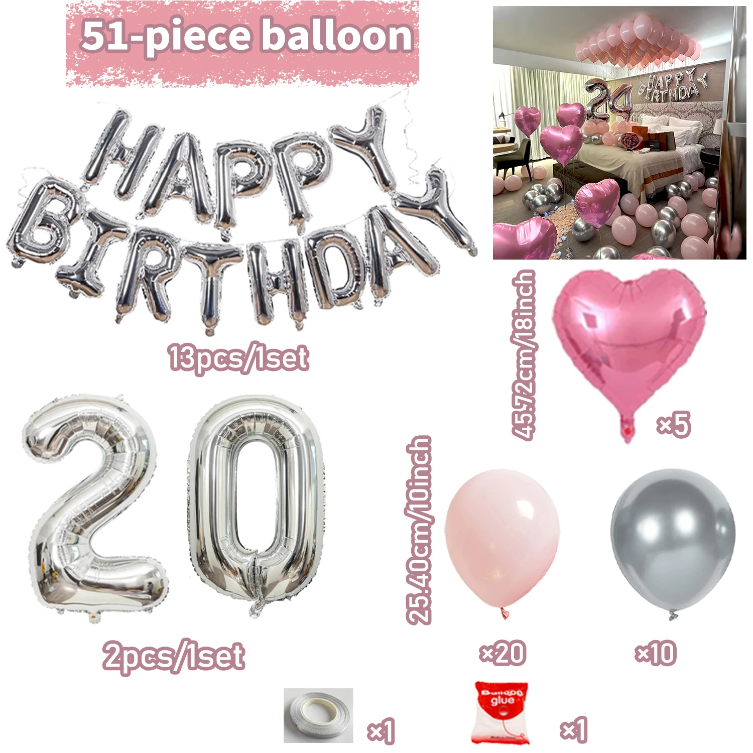 Rosa Silber Dekoratives Ballon-Set Silber Alles Gute zum Geburtstag Buchstabenballon für Damen und Mädchen Geburtstagsparty-Dekoration – Detail 5