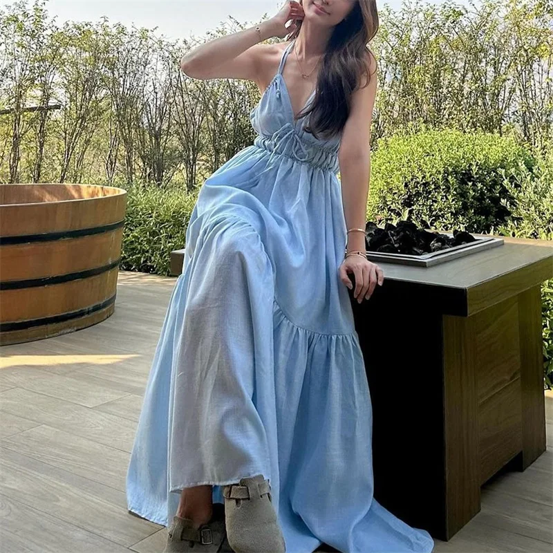 Ribbon Pleated Women Long Slim Dress Halter Backless Prom Dress Pure Blue High Waist Summer Dress New Design Spicy Girl In Stock