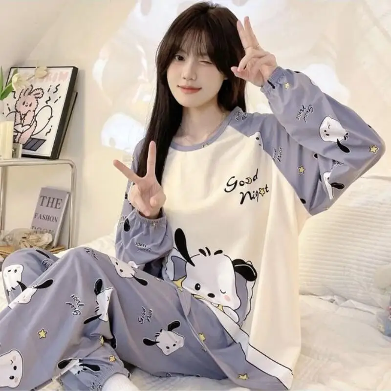 

Sanrio Pochacco Pajama 2 Pieces Women Pyjama Spring Nightgown Long Sleeve Pant Sleepwear Cartoon Pijama Student Home Clothes New