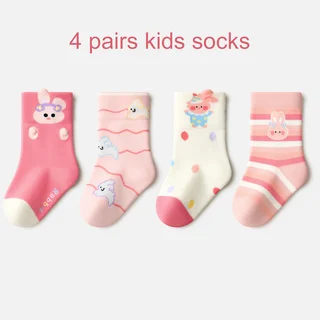 Beibi 4er-Pack Wadenlange Socken für Kinder 0-6 Jahre, Niedlicher Cartoon-Häschen-Streifen-Druck, Warme Kreative Herbst-Winter Bunte Spaß-Socken – Detail 2