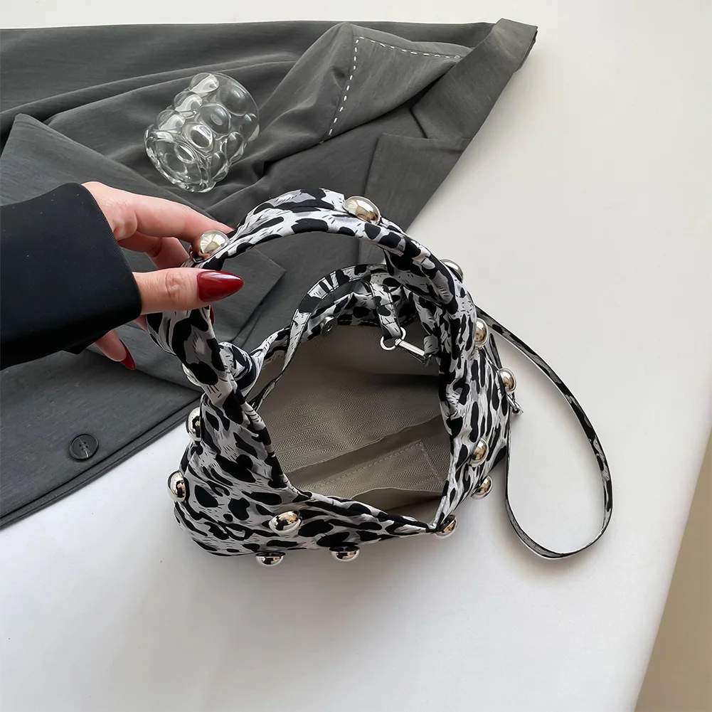 Women Studded Leopard Print Shoulder Bag Adjustable Strap Rivet Leopard Tote Handbag Fashion Rivet Tote Bag Ladies Commute Bag