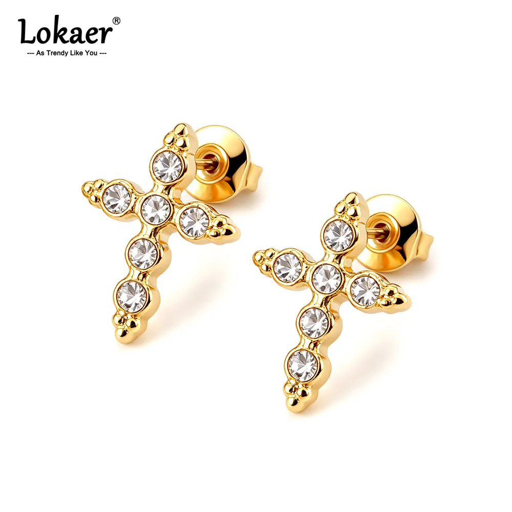 Lokaer Delicate Cubic Zirconia Stud Earrings Cross Shape Vintage Classic Stainless Steel Gold Plated Jewelry for Women E26122