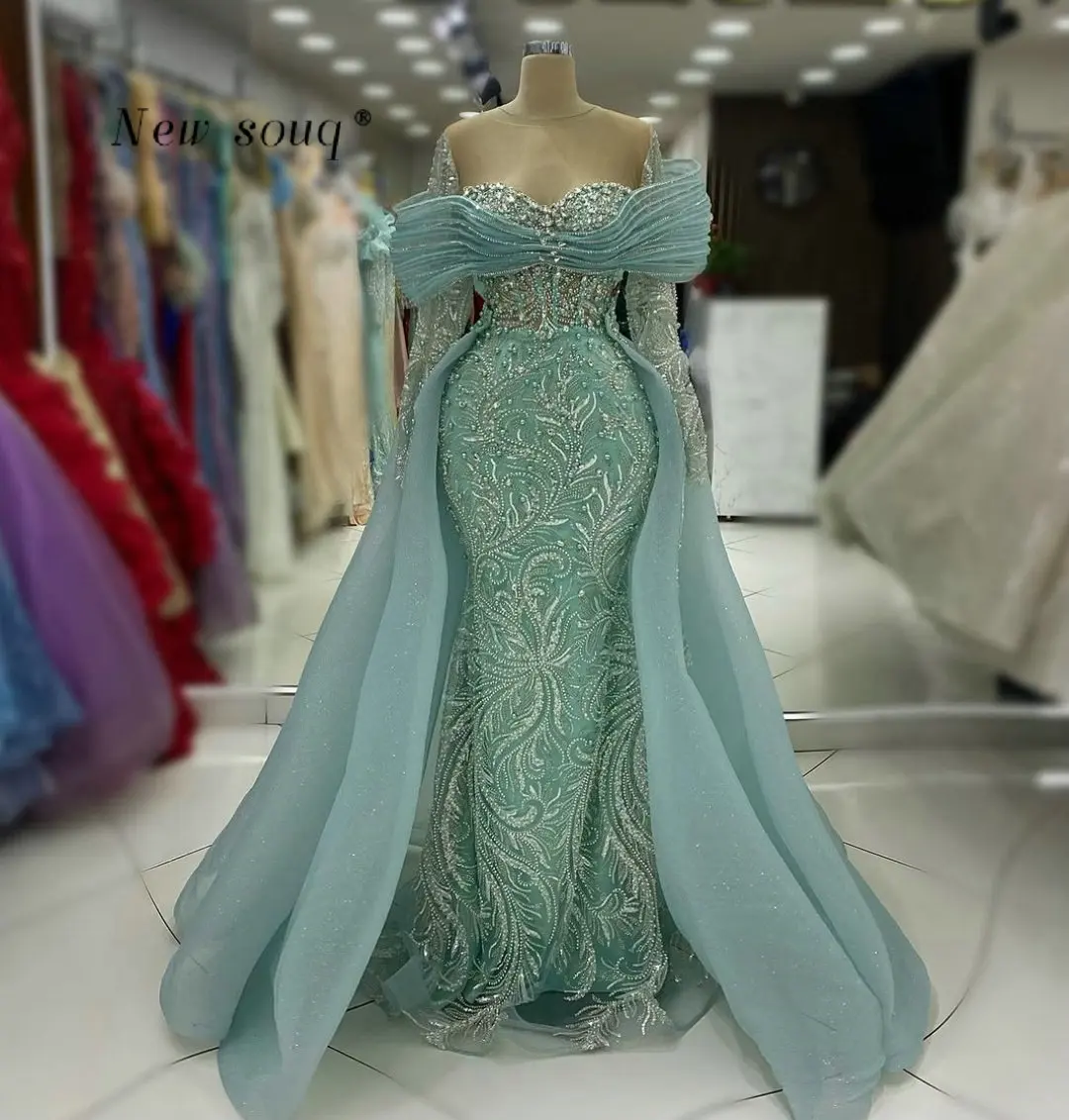 

Мятно-зеленые вечерние платья русалки с длинными рукавами и верхней юбкой, индивидуальное платье с кристаллами и жемчугом, расшитое бисером, вечернее платье для свадебной ночи