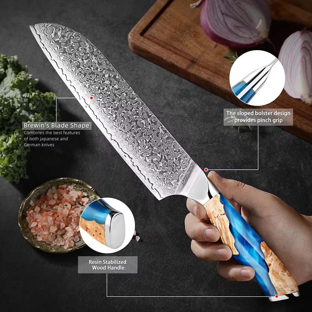 

67-Layer Damascus Steel 7-Inch Santoku Knife Sharp Vegetable and Meat Cutting Knife with Ergonomic Handle Kitchen Cooking Tool
