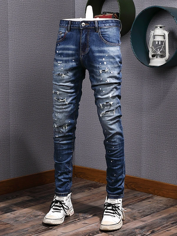 

Summer Faion Blue Splatter Paint Point Men's Slim Fit Jeans Casual Wear Long Pants with Hole Design High Elastici Cotton ...