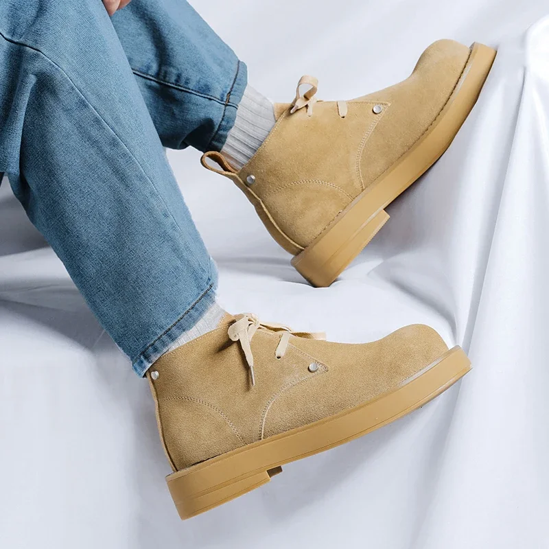 Winter New Suede Leather Outdoor Desert Boots Round Toe Low Heel Lace Up Western Cowboy Short Boots Yellow Platform Ankle Boots