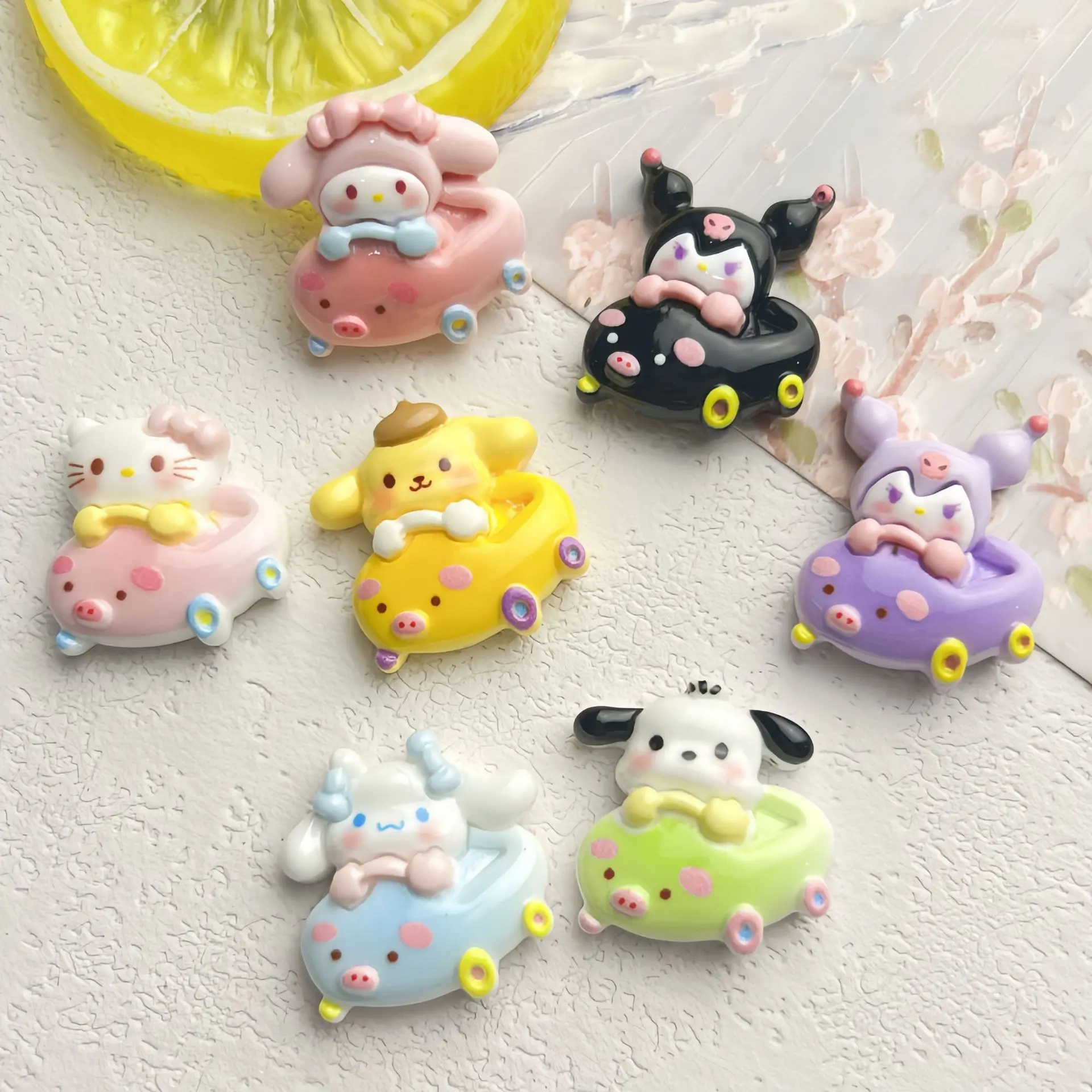 5pcs Cute animal bumper car cartoon shiny handmade sanrio hello kitty cartoon resin flatback cabochons diy crafts supplies