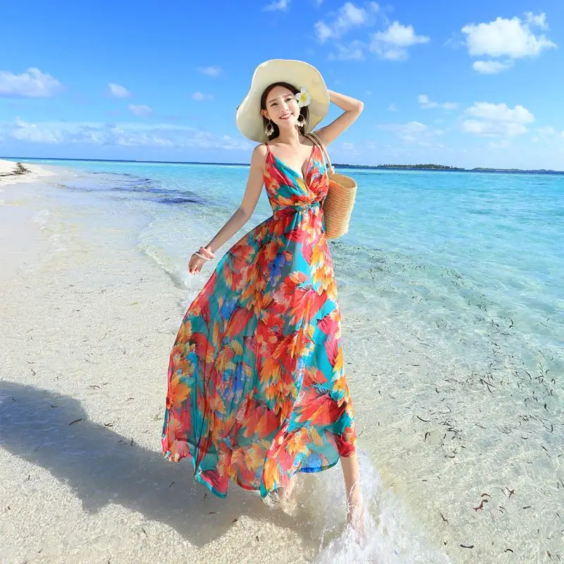 

Flowy Breathable Long Dress Sexy Strap Maxi Dress Chiffon Holidays Photograph Sleeveless Bohemian Beach Summer 2024 New Floral