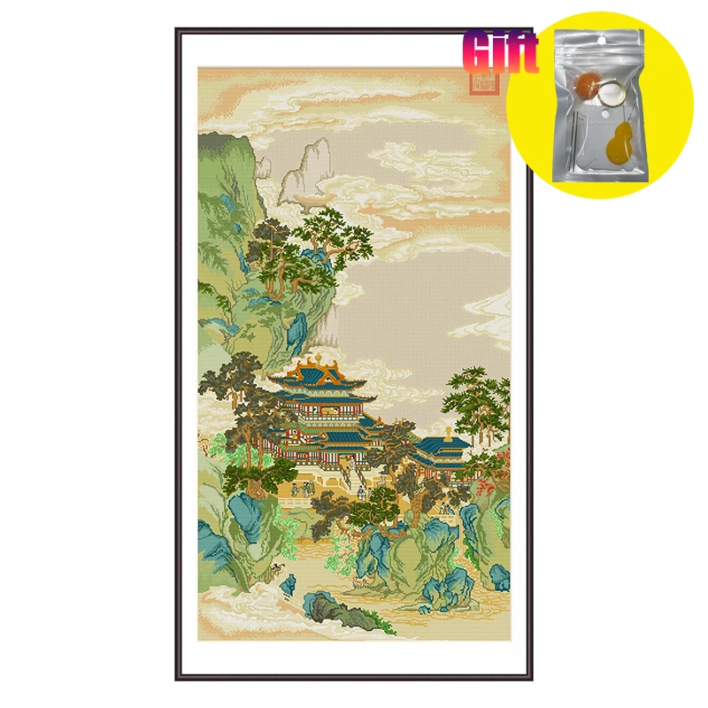 Printed Cross Stitch Kit, Chinese Classical Landscape Pavilion, Retro Painting, DIY Embroidery, Handmade, Unfinish Decor