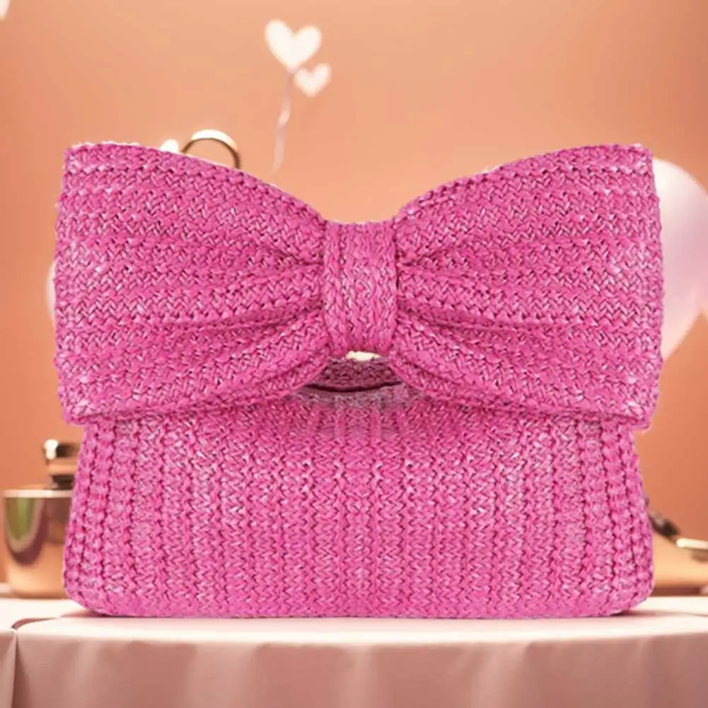 Women Straw Evening Bag Zipper Closure with Bow Straw Summer Handbag Versatile Female Party Wedding Bag