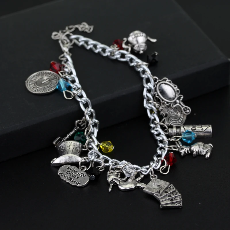 Anime Movie Alice in Wonderland Beads Bracelet Metal Enamel Pendant Charm Bracelet Boys Girls DIY Personality Jewelry