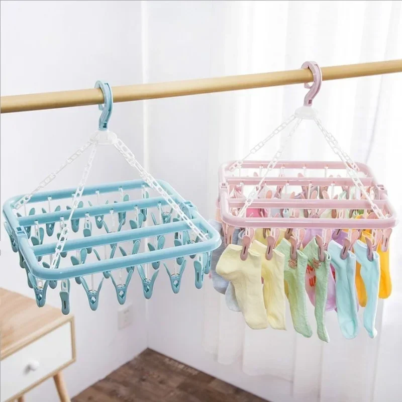 Lastic Folding Clothes Hanger Towels Socks Bras Underwear Drying Rack with 32 Clips Space Saving Closet Organizer Tools