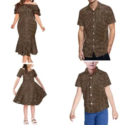 Polynesian Tribal Design 8XL Women Dress Men Shirt Family Set Parent-child Outfit Custom Adult Children's Clothing 4-piece Set