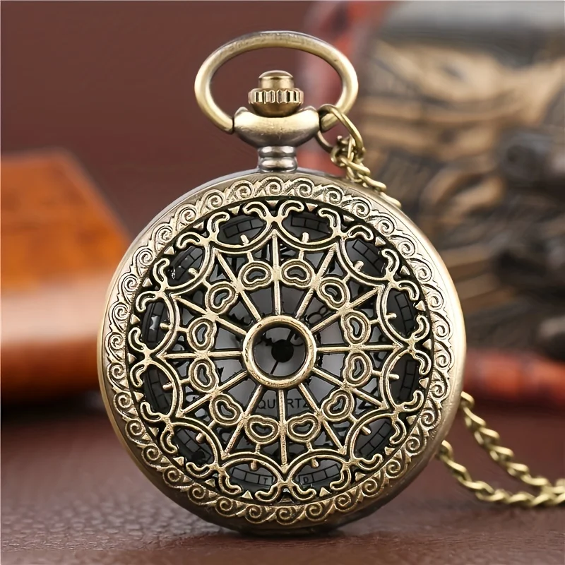 

1pc Bronze Hollow Spider Web Necklace Quartz Pocket Watch, Gift For Boys