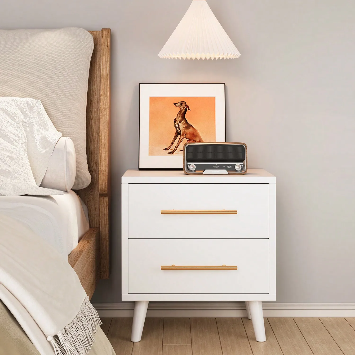 

Modern NightStand With 2 Wood Drawers Bedside Table With Metal Handles, End Side Table For Bedroom