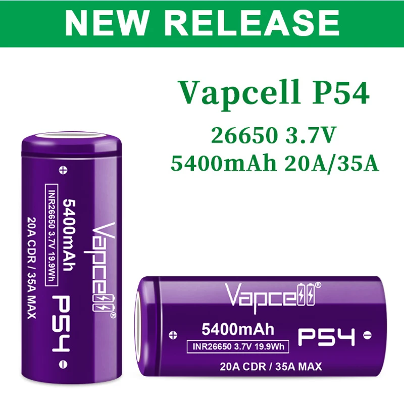 High Power Original Vapcell P54 INR 26650 5400mah 20A/35A 3.7V Battery Rechargeable 26650 Lithium Battery Cell For Flashlight