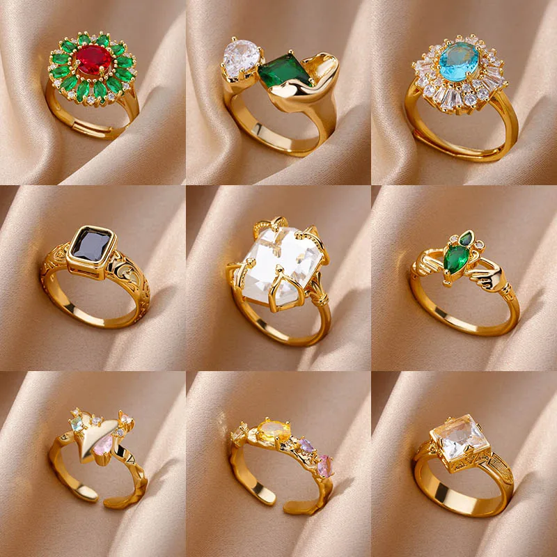 Zircon Square Wrapped Rings For Women Stainless Steel Gold Plated Ring Trending 2023 Wedding Party  Aesthetic Jewelry Gift