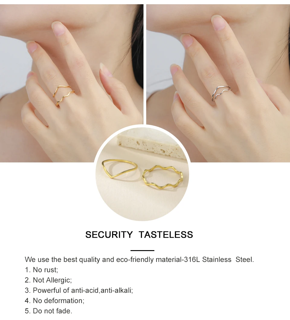 Minimalist Stackable Wave Rings for Women Geometric Finger Ring Stainless Steel Golden Jewelry Thin Rings Set Daily Party Wear