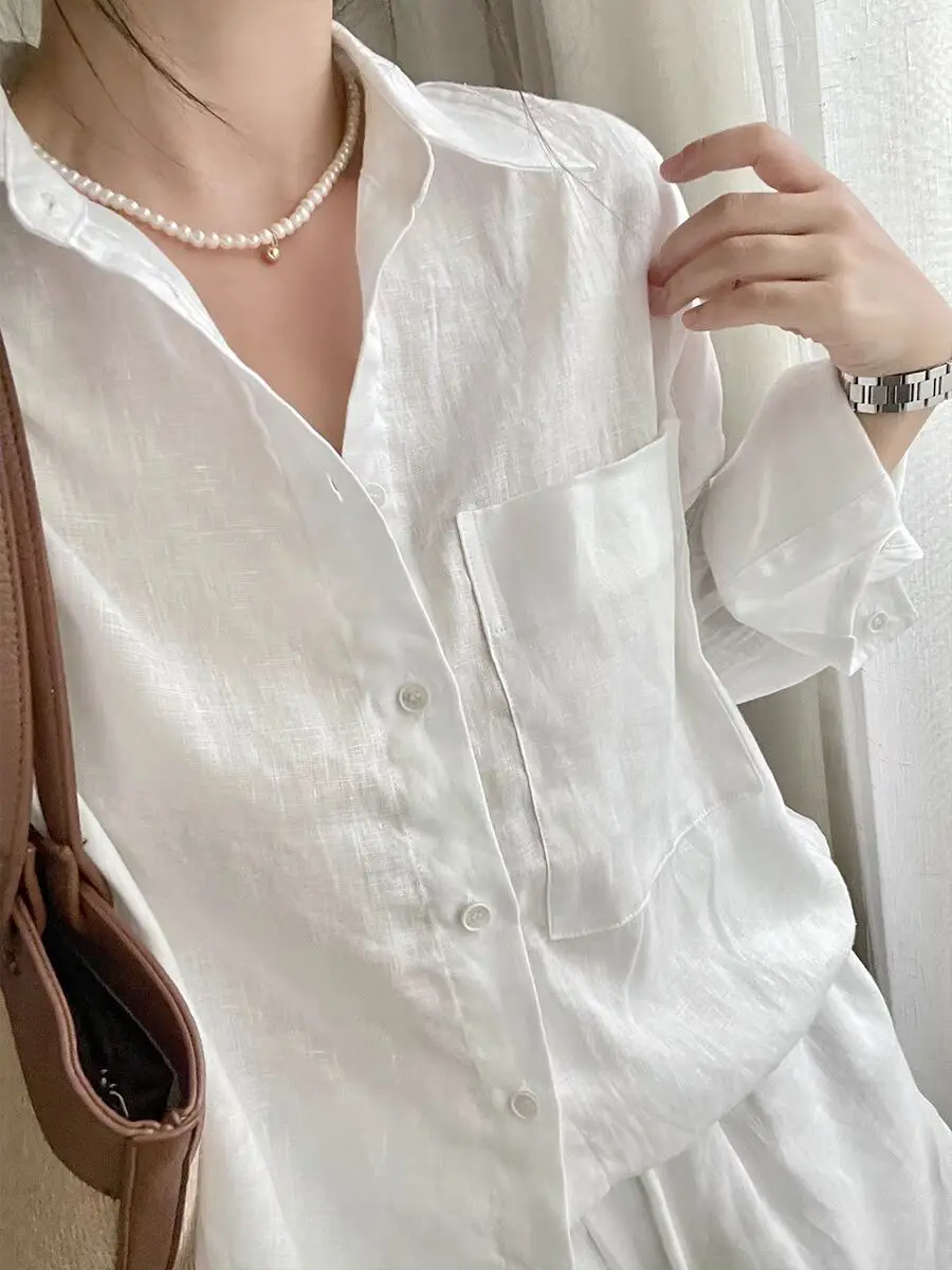 화이트 코튼 린넨 세트 여성 여름 캐주얼 롱 스커트 와이드 레그 반바지 투피스 세트 심플 엘레 칼라