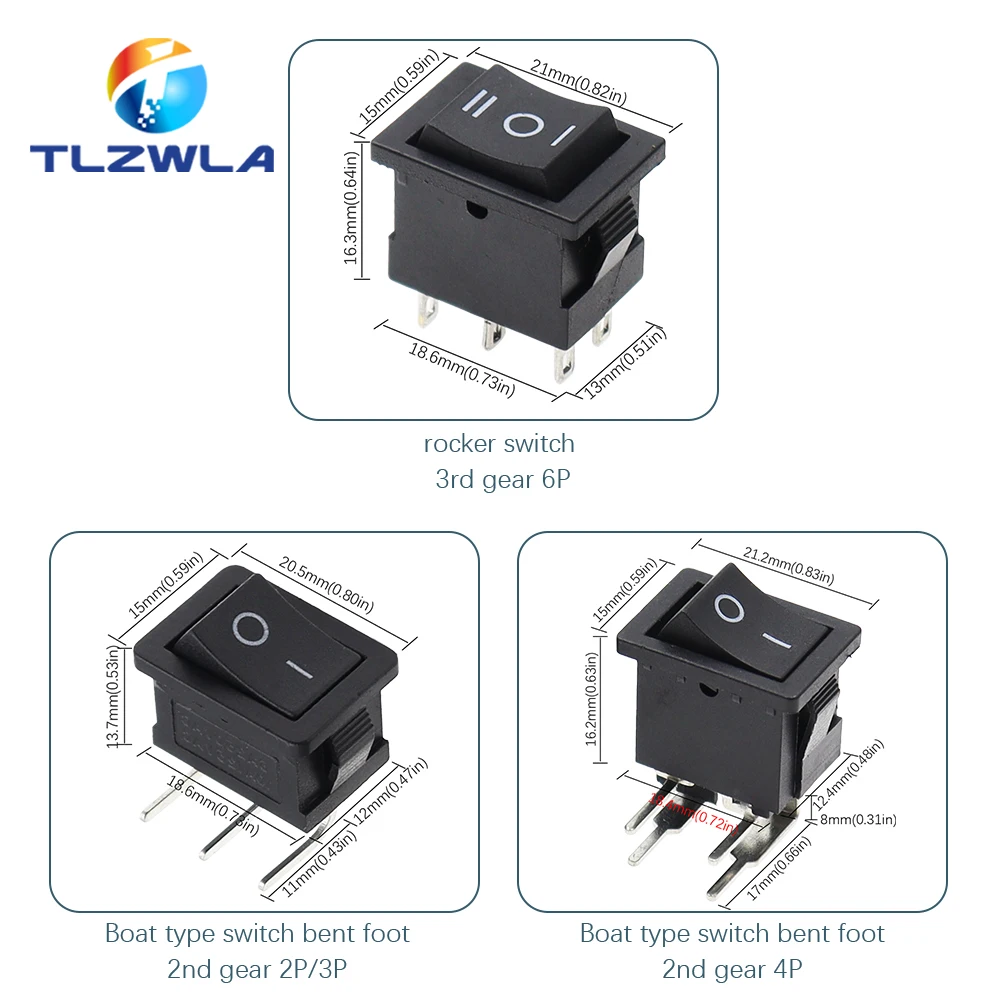 Interruptor de encendido y apagado, 10 piezas, KCD1, 15x21mm, 2 pines, tipo barco, 6A, 250V, 10A, 125V, 15X21