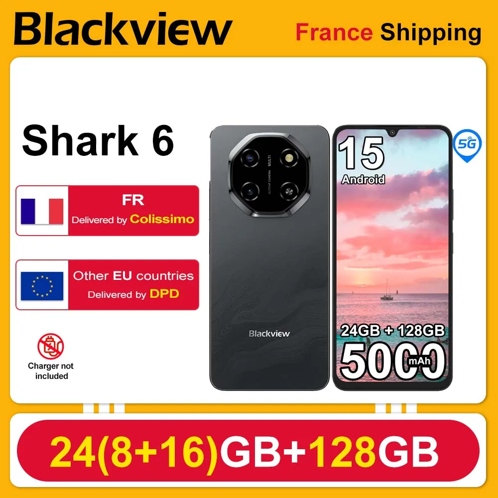 Blackview Smartphone Shark 6 [Pas de chargeur UE] Android 15 5000mAh 24(8+16)GB+128GB 120Hz 16MP+8MP 6,88"HD+ IPS 18W NFC/GPS
