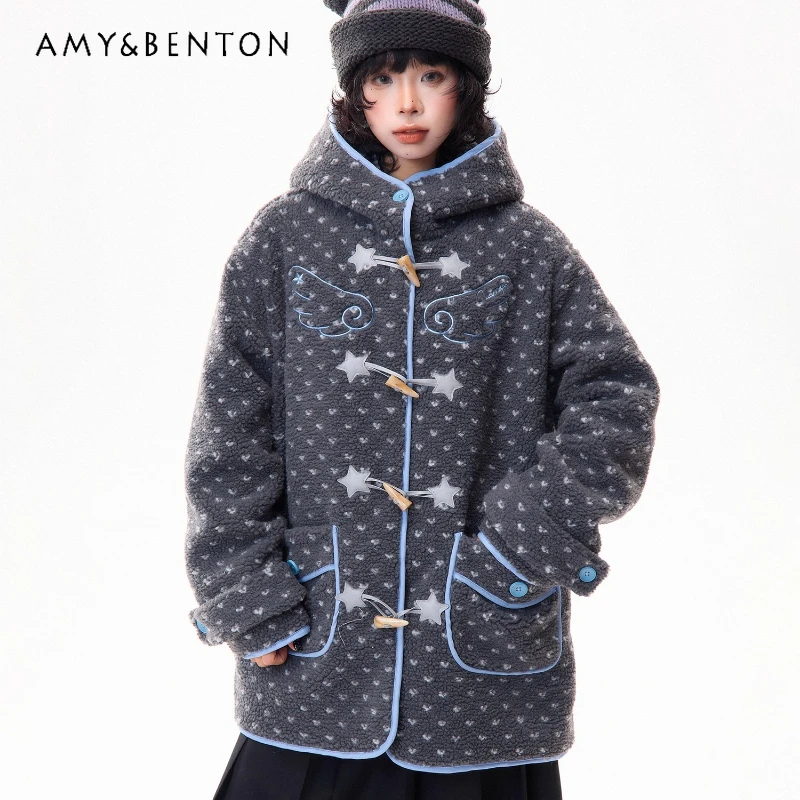 

American Retro Floral Sheep Wool Women's Coat 2025 Autumn Winter New Design Loose Sweet Fit Versatile Mid-Length Coats Ladies