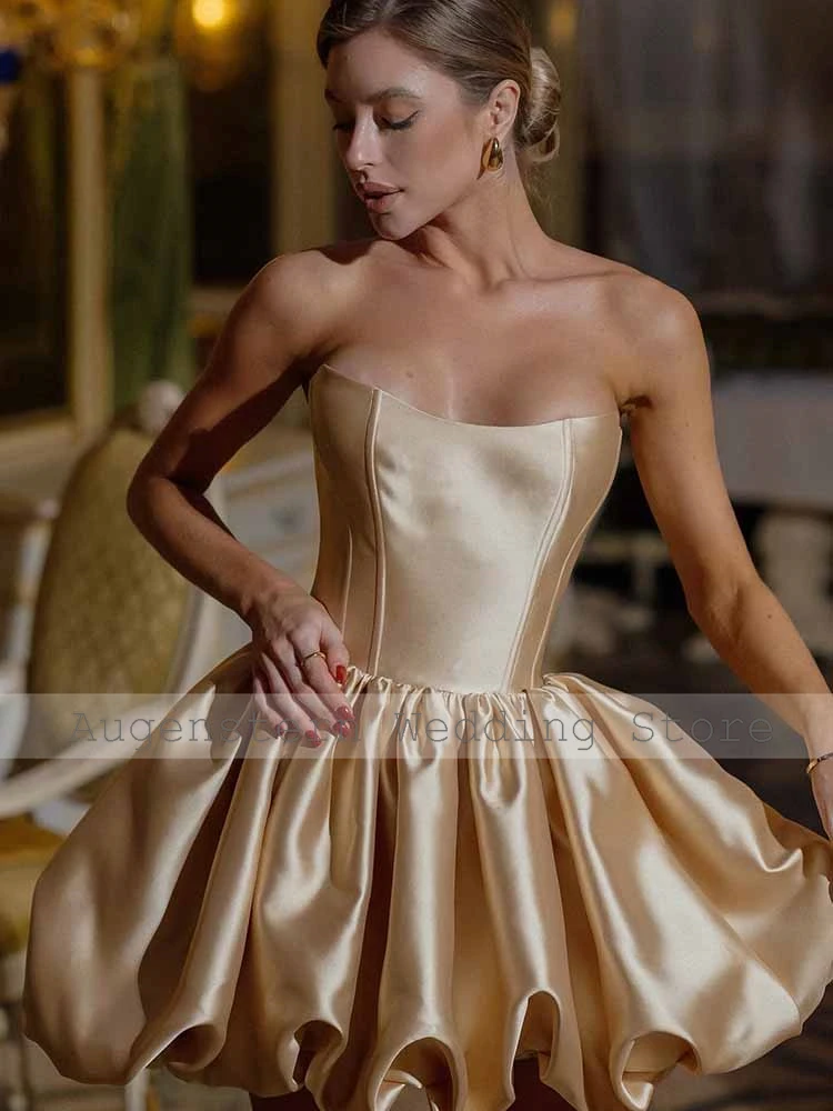 فساتين رسمية حالمة نادي نسائي من الساتان على شكل حرف a لحفلات العودة للوطن بلون الشمبانيا بدون حمالات مطوي مكشكش برباط علوي فستان حفلات أعياد الميلاد صغير #3