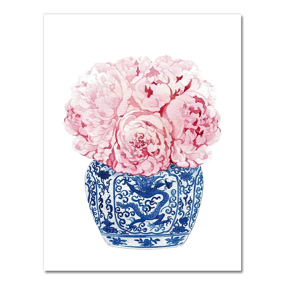 Jarrón chino azul y blanco, impresiones artísticas de flores de acuarela, estilo sauce, lienzo de porcelana china, póster, pintura, decoración de pared del hogar