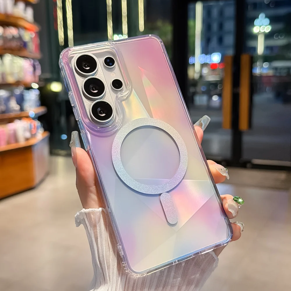 Luxuriöse Regenbogen-Aurora-Laser-Farbverlauf Magnetische Hülle für Samsung S26 S25 S24 Ultra Plus mit MagSafe Kompatiblem Kabellosen Lade-Bumper-Cover