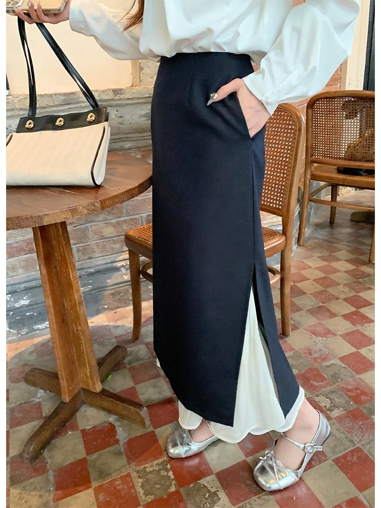 

Bla Splice Mid-Length A-Line Skirt Women's Faion Spring Autumn New Sle High Waist Asymmetrical Hemline Slimming Skirt