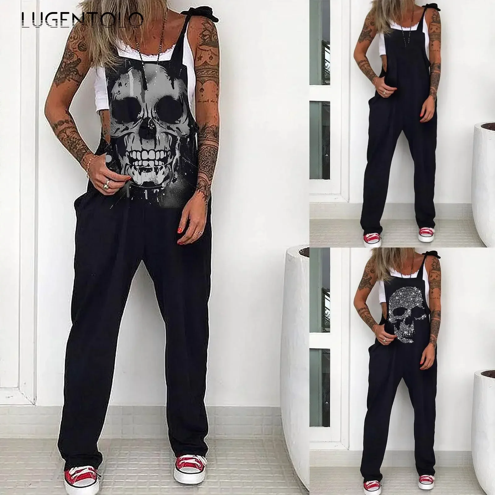 Lutenolo donna Skull Print bavaglino tuta tuta bretelle Casual primavera estate donna senza maniche nuova moda Large Size 5XL