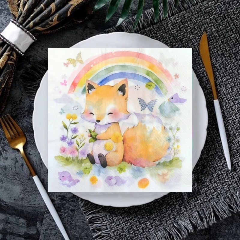 20Pcs/Bag Cute Rainbow Fox Jungle Animal Paper Decoupage Paper Napkins Paper Serviettes for Children Birthday Party Tableware