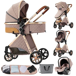 Luxe kinderwagen 3-in-1 met autostoel, vijfpuntsgordel voor pasgeborenen, vierwielige kinderwagen, schokdempende, opvouwbare babyreiswieg voor vliegtuigreizen en lange reizen, kinderwagen met
