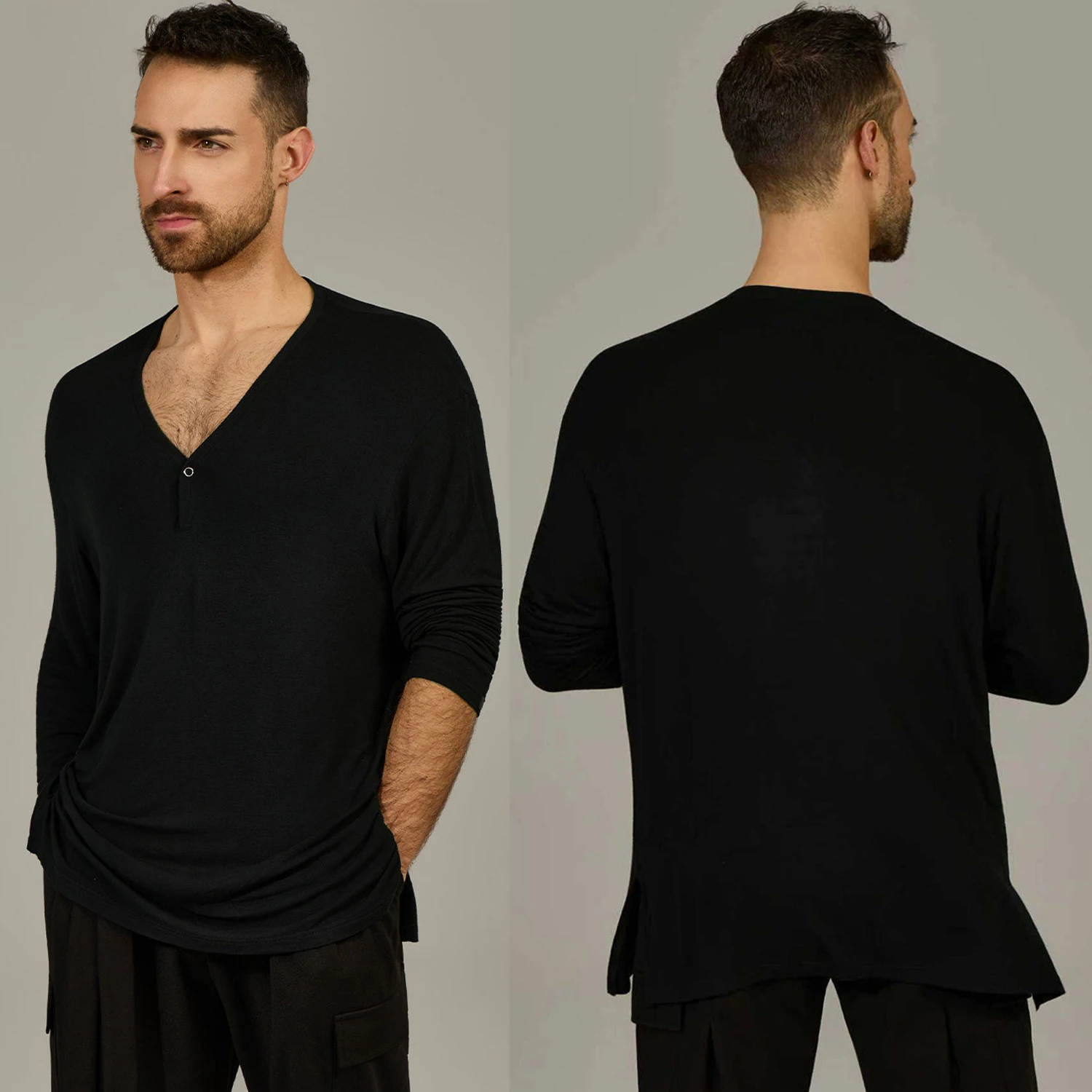 

Professional Latin Dance Clothes Mn Black Tops Long Sleeves T Shirt Comfort Practice Wear Adult Rumba Cha C Taining Wear SS1905