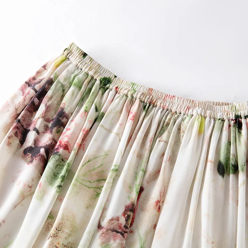 Winsleter-100%Silk Double Crepe Elegant Skirts, Elastic Waist Printed, Women French Party A-line Skirt, 2026 Summer New B63944CC