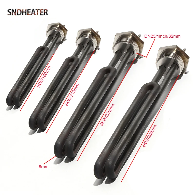 SNDHEATER 110v 220v 380v Water Resistance Fast Heating Element DN25 1" 304SS Thread Solar Green Folded Tank Tube 1KW 2KW 3KW 4KW