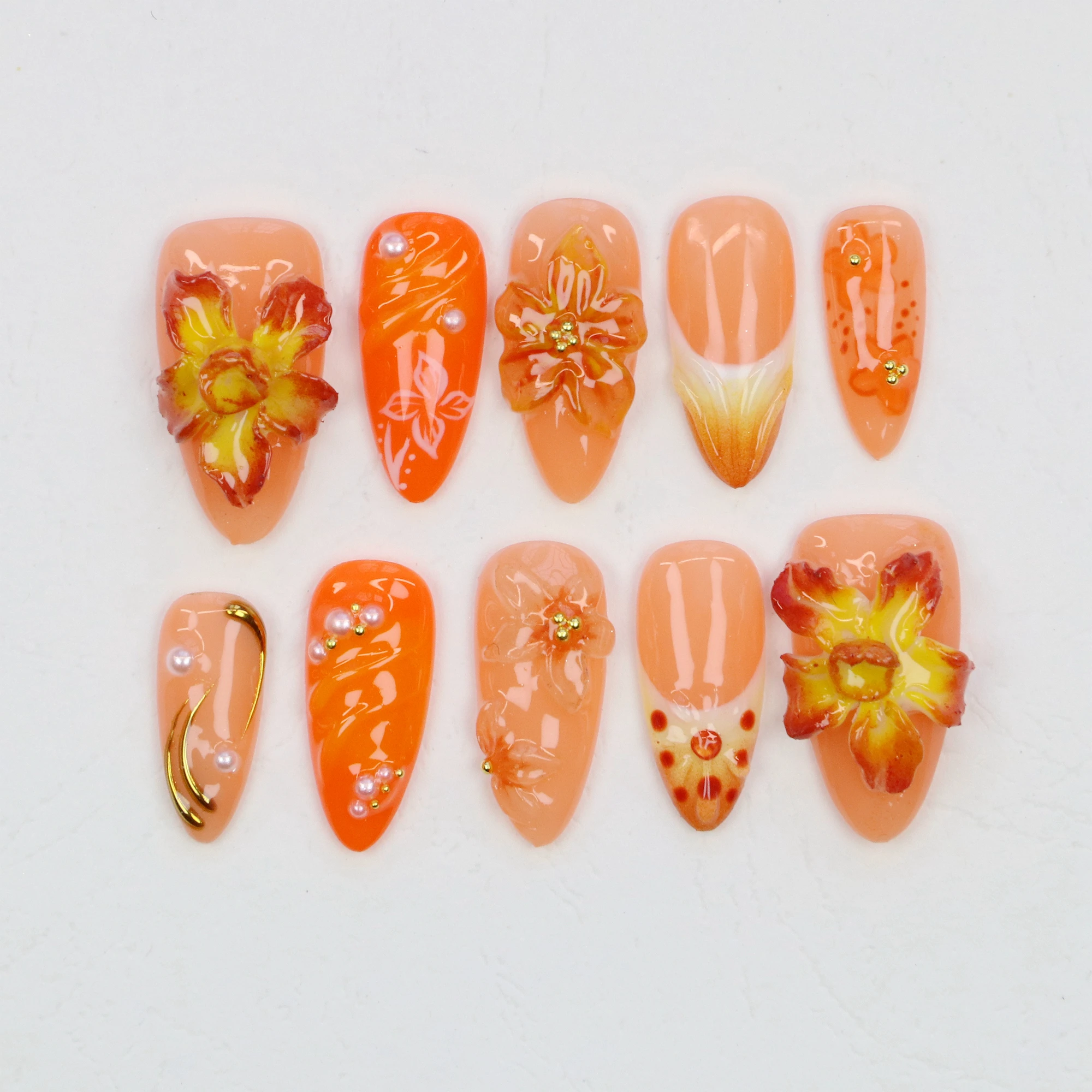 

10Pcs Custom 3D beautiful handmade Flowers Manicure Press On Nails,Acrylic Fake Handpainted Custom Design Adhesive Nail File Set