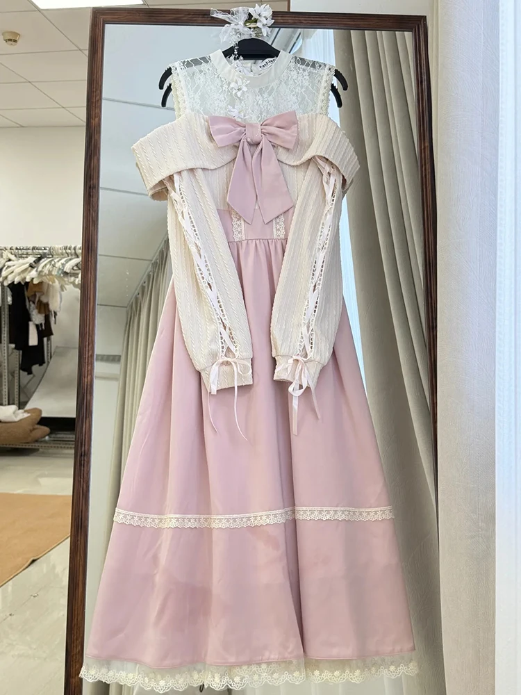 

Новая женская длинная юбка Ele Soft Pink с открытыми плечами, подчеркивающая талию, для осени 2025 года, повседневная, в стиле принцесса.